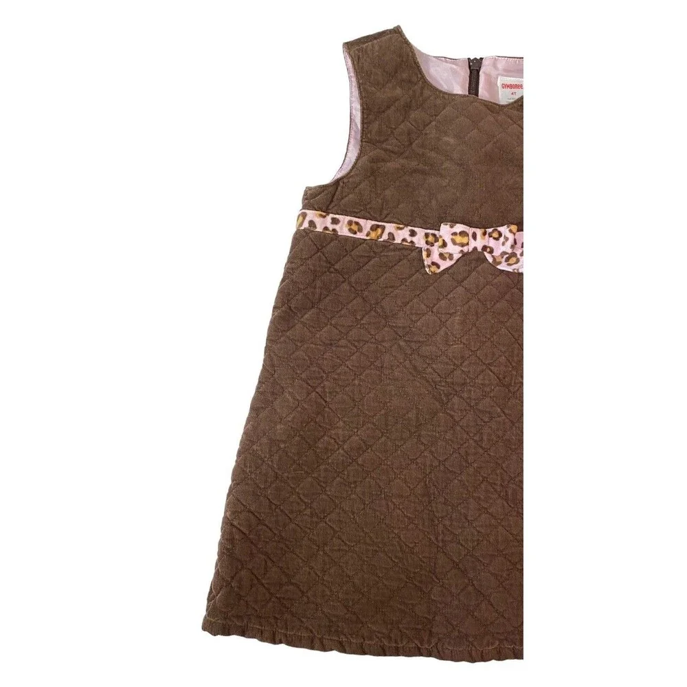 Gymboree Girls 4T Quilted Jumper Dress Brown Pink Leopard Bow Sleeveless￼